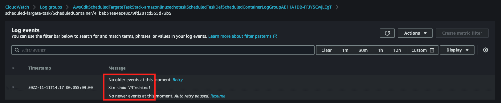 Log được tạo bởi tác vụ Fargate được lên lịch