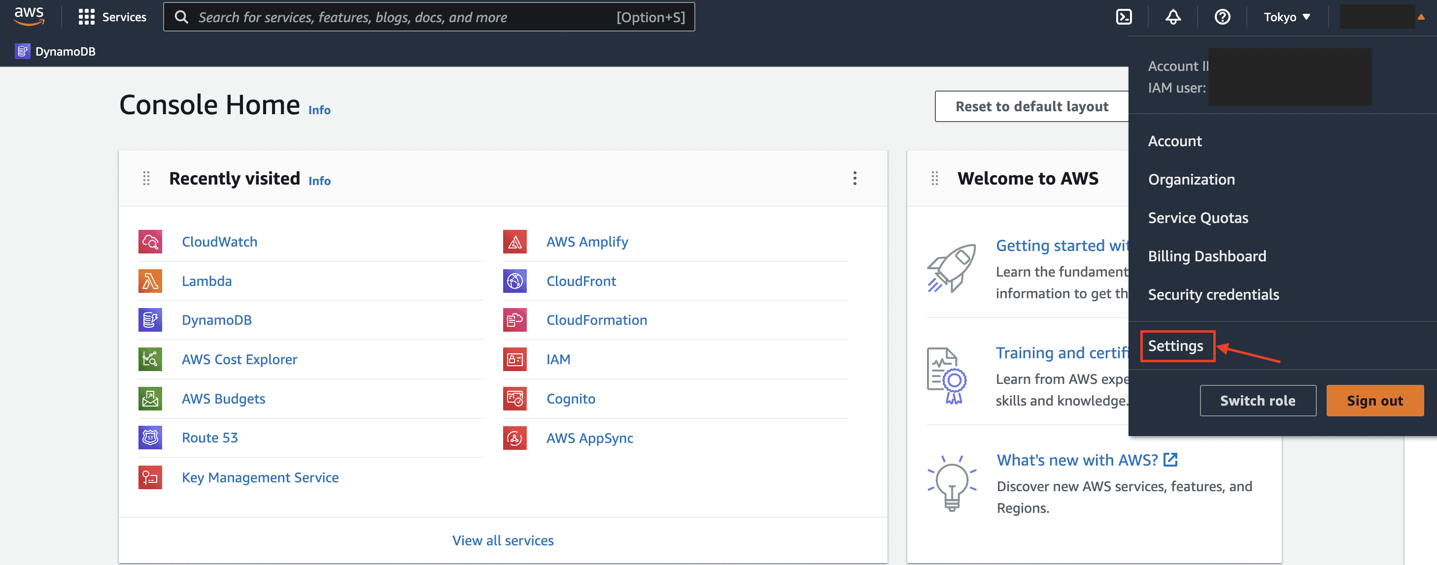 Bước 1 để sử dụng Dark mode trên AWS Console